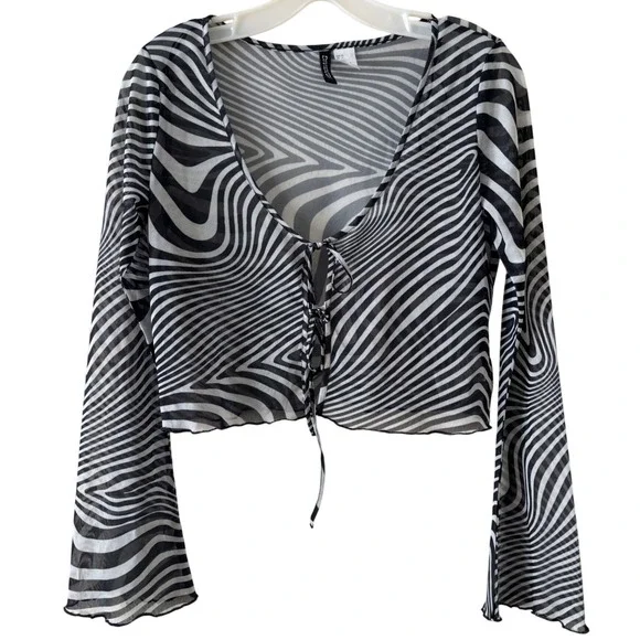 H&M Divided Zebra Psychedelic Mesh Tie Front Crop Top Flare Sleeve Black White M - Picture 1 of 4
